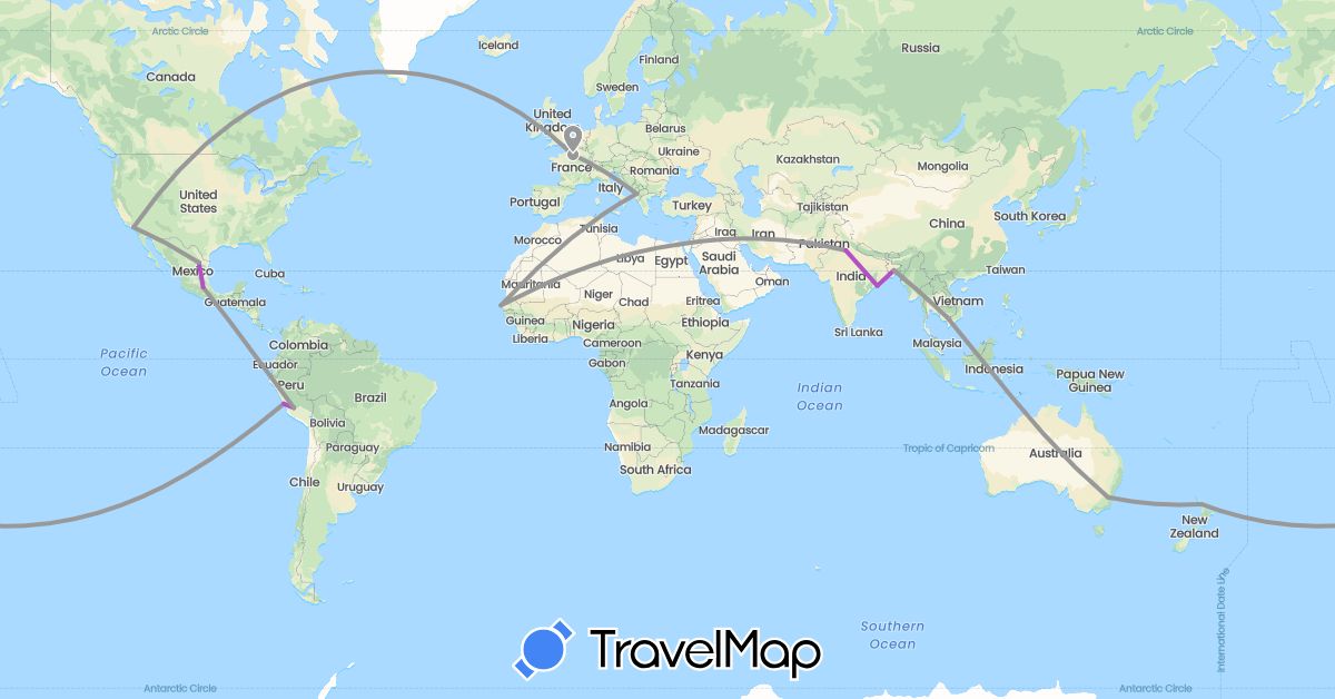 TravelMap itinerary: driving, plane, train in Albania, Australia, Bangladesh, Egypt, France, India, Cambodia, Mexico, New Zealand, Peru, Senegal, United States (Africa, Asia, Europe, North America, Oceania, South America)
